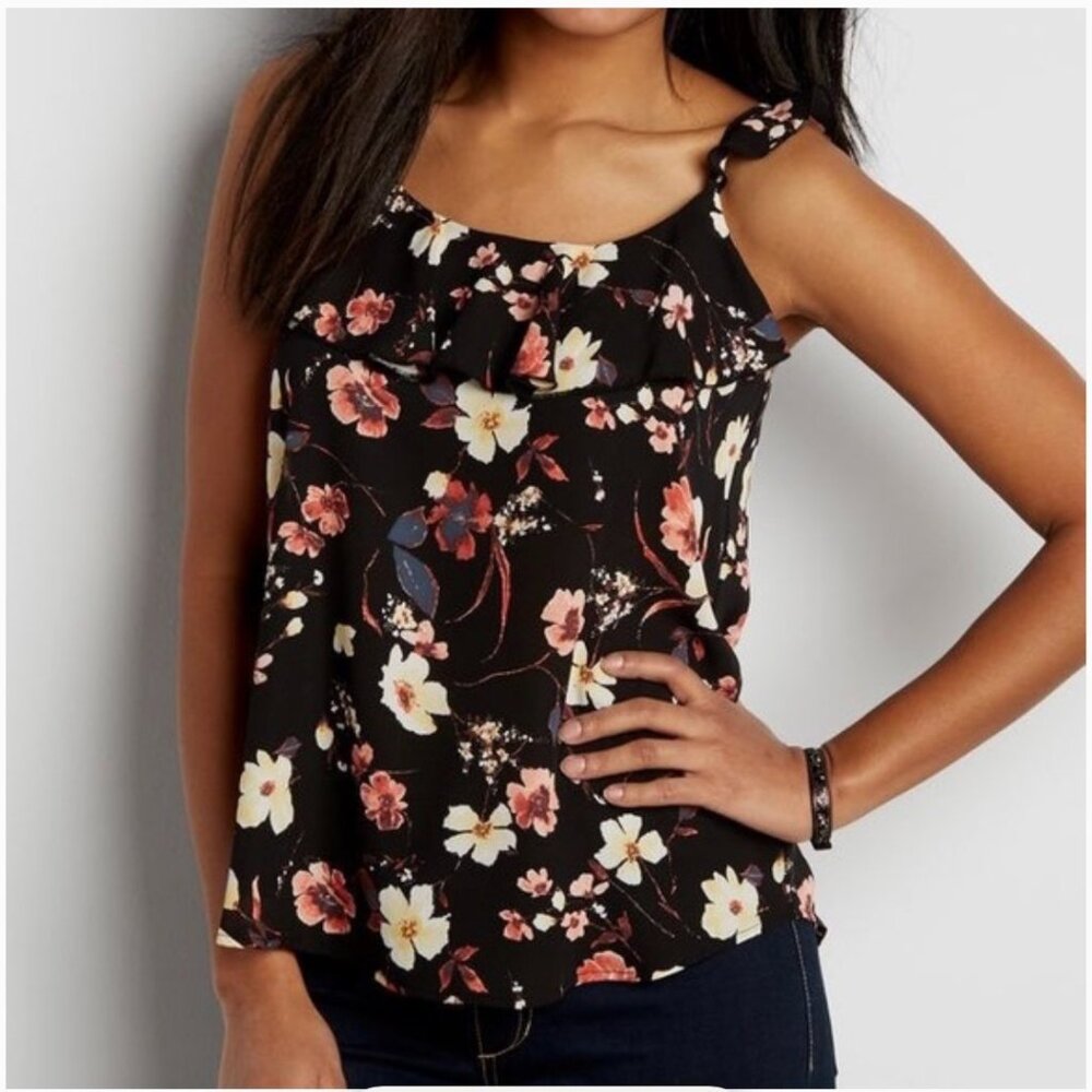 Maurices black floral ruffle tank